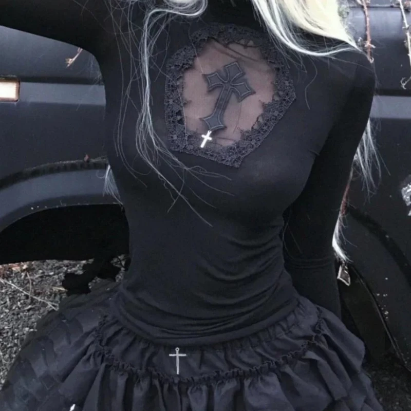 Gothic Turtleneck Pullover with Cross - 4