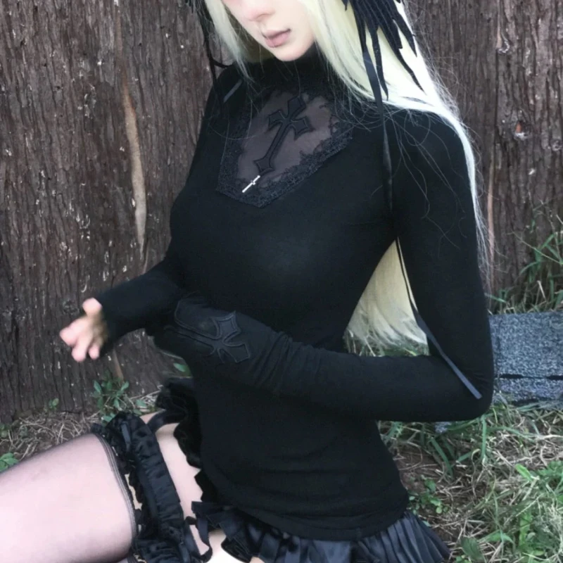 Gothic Turtleneck Pullover with Cross - 2