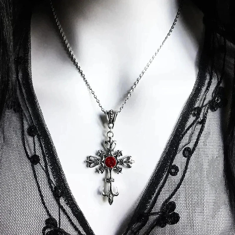 Gothic cross Necklace with red crystal - 1