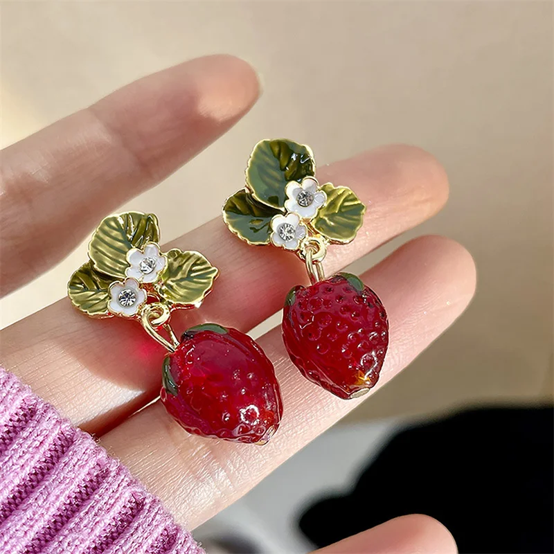 Red Strawberry and Flower Drop Earrings - 3