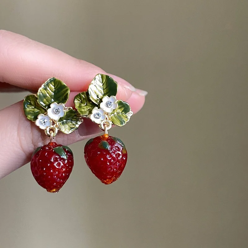 Red Strawberry and Flower Drop Earrings - 5