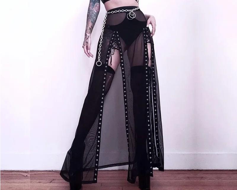 Punk Gothic Midi Black Mesh Skirt - 3