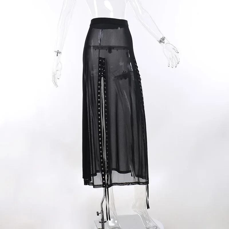 Punk Gothic Midi Black Mesh Skirt - 9