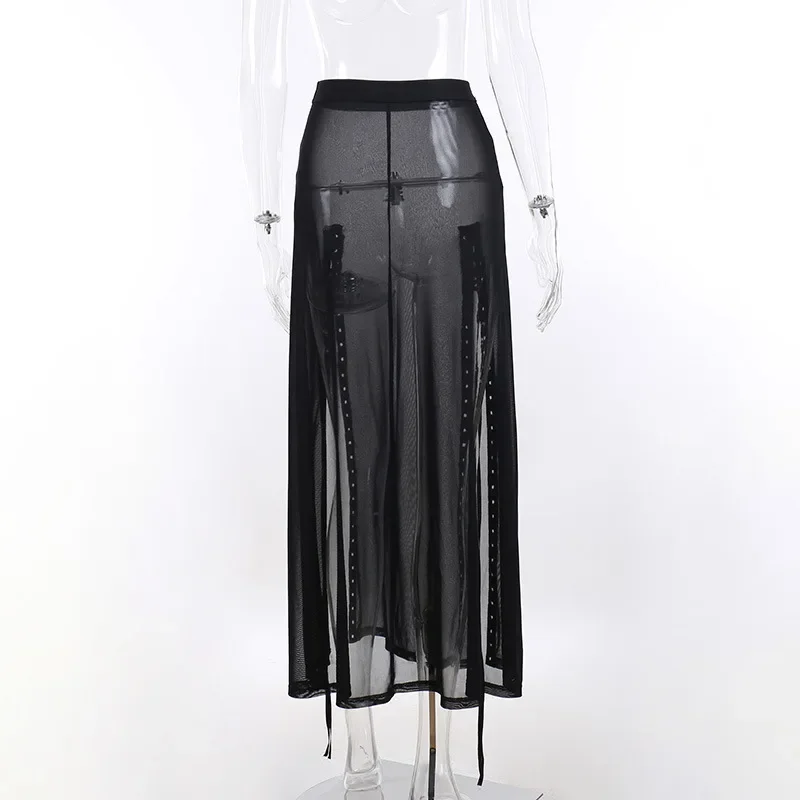 Punk Gothic Midi Black Mesh Skirt - 10