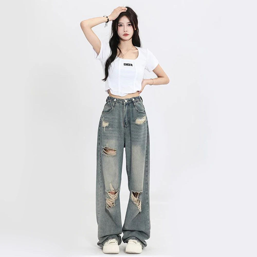 Grunge Streetwear Distressed Wide-Leg Jeans - 2