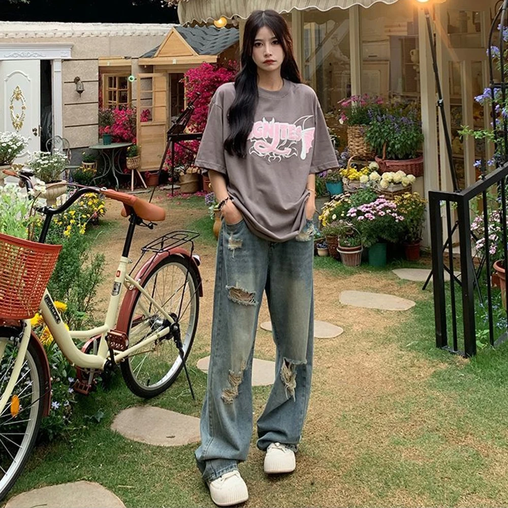 Grunge Streetwear Distressed Wide-Leg Jeans - 3