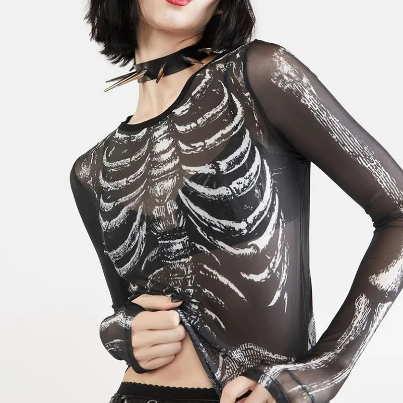 Gothic Punk Skeleton-Print Sheer Top - 4