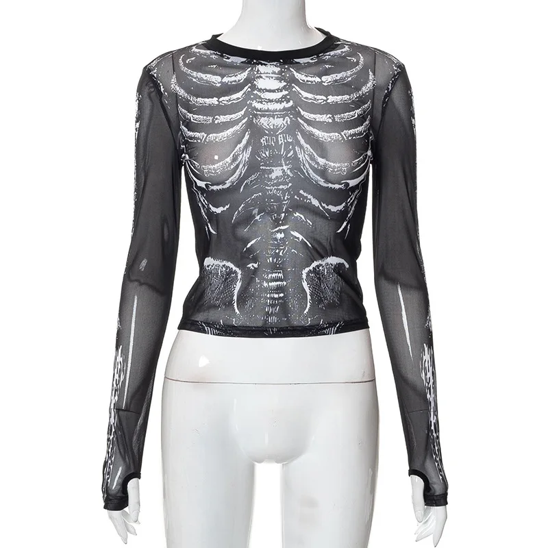 Gothic Punk Skeleton-Print Sheer Top - 8