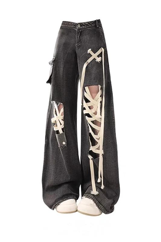 Grunge Streetwear Distressed Lace-Up Pants - 2