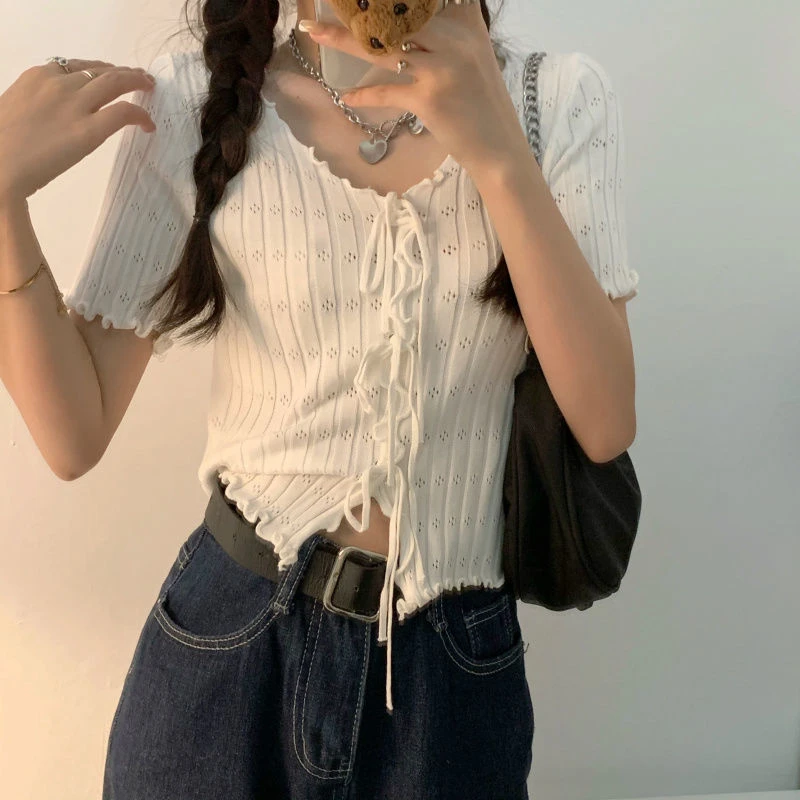 Dark Academia Lace-Up Ribbed Crop Top - 12