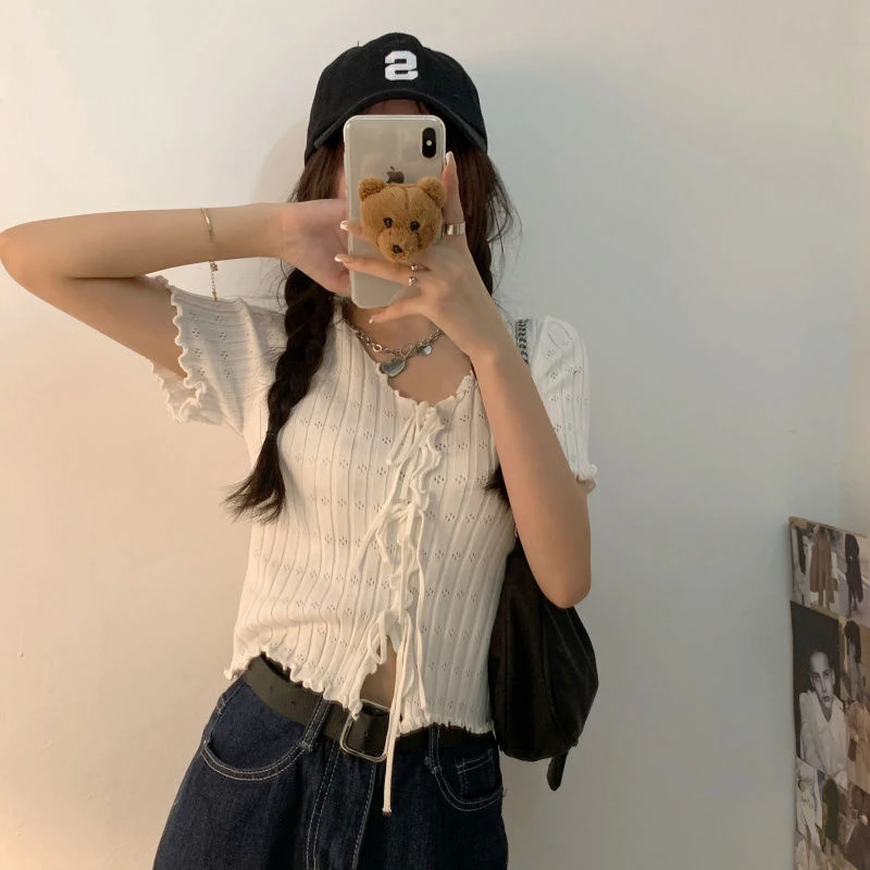 Dark Academia Lace-Up Ribbed Crop Top - 14