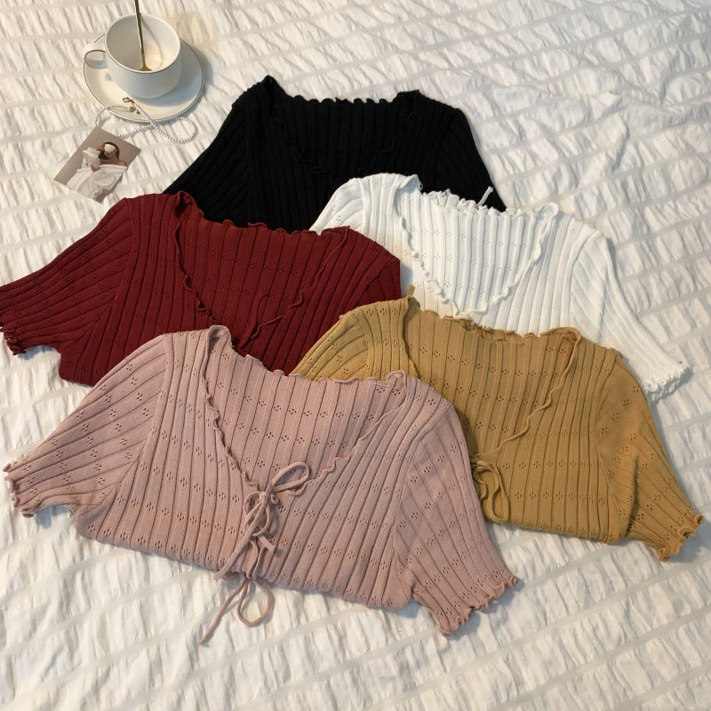 Dark Academia Lace-Up Ribbed Crop Top - 2