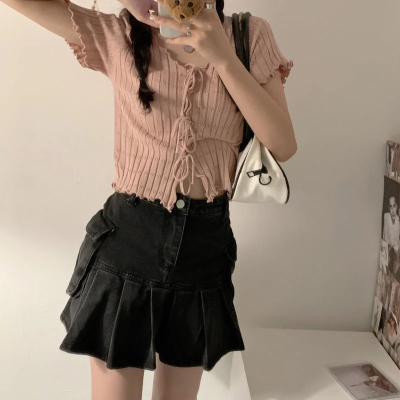 Dark Academia Lace-Up Ribbed Crop Top - 10