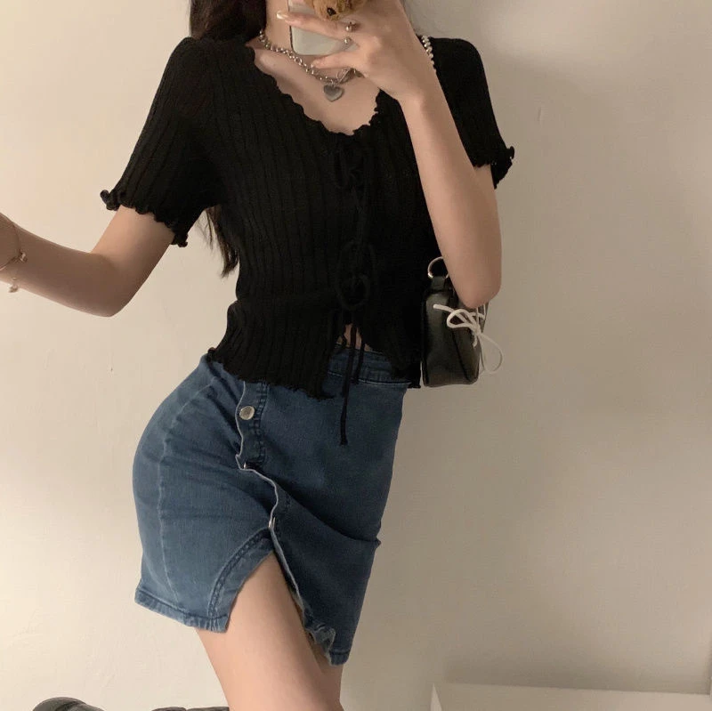 Dark Academia Lace-Up Ribbed Crop Top - 8