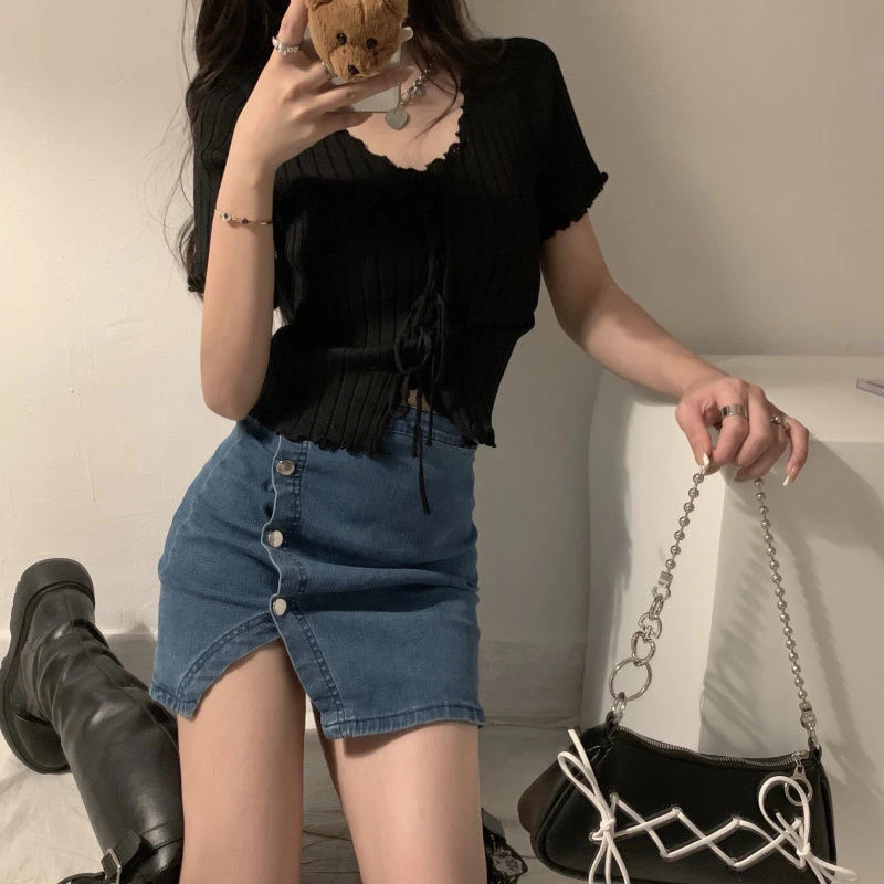 Dark Academia Lace-Up Ribbed Crop Top - 7