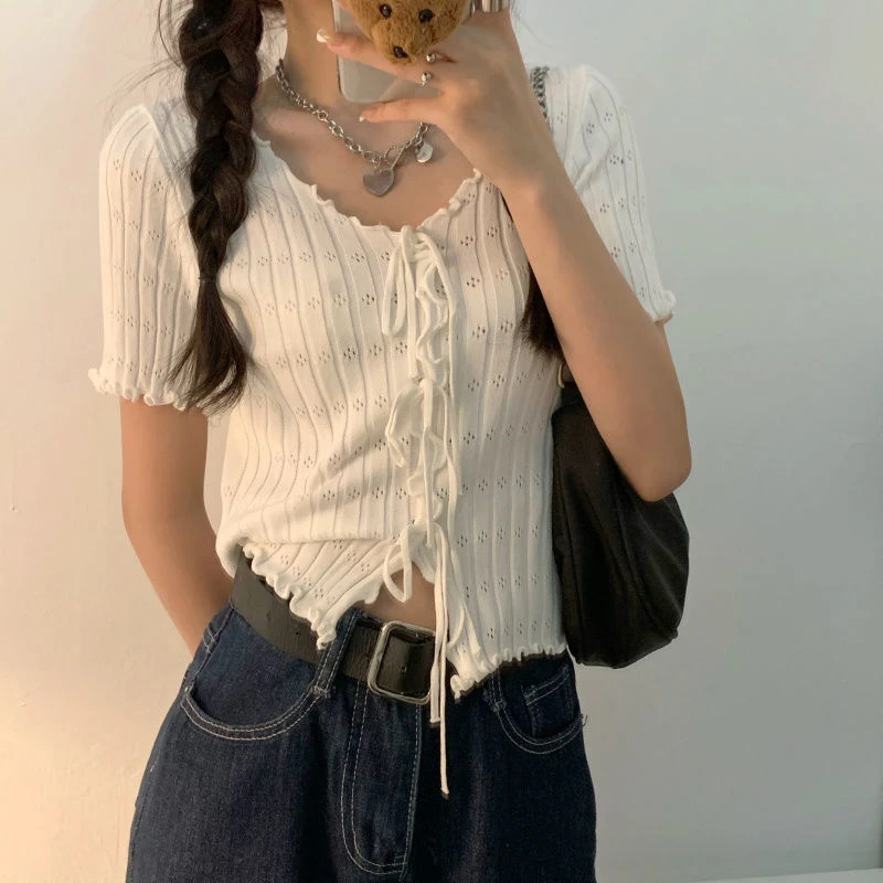 Dark Academia Lace-Up Ribbed Crop Top - 15