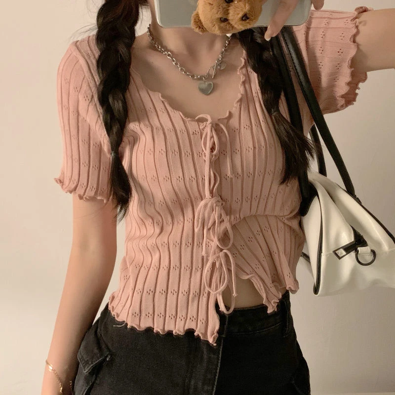 Dark Academia Lace-Up Ribbed Crop Top - 9