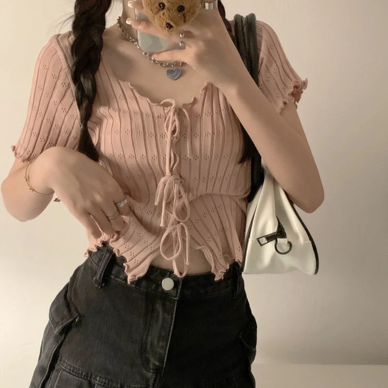 Dark Academia Lace-Up Ribbed Crop Top - 11