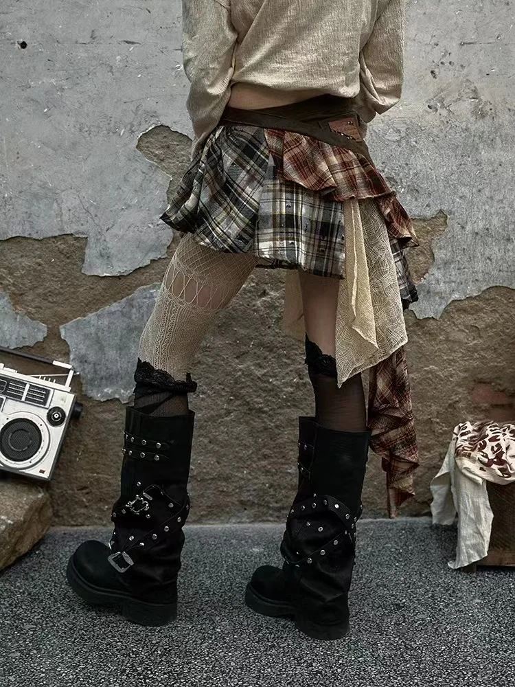 Grunge Streetwear Layered Plaid Skirt - 3