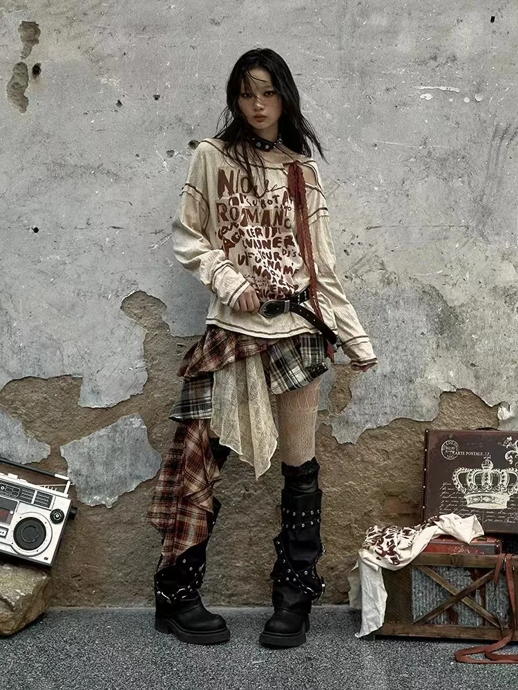 Grunge Streetwear Layered Plaid Skirt - 4