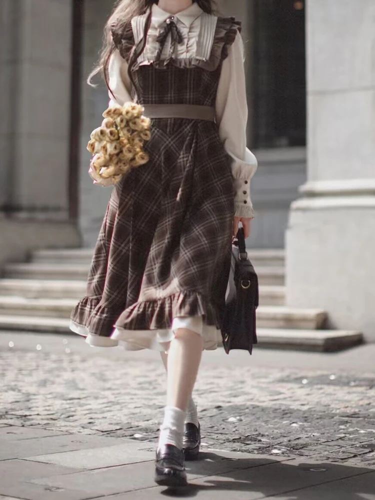 Dark Academia Plaid Ruffled Dress - 5