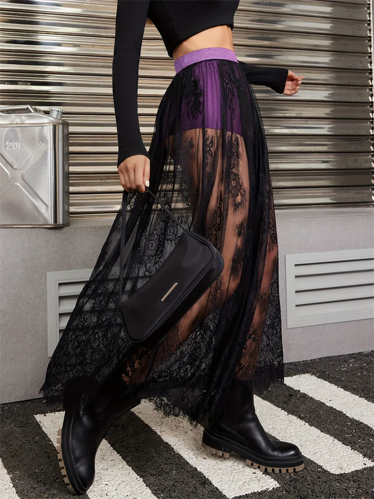 Gothic Punk Sheer Lace Maxi Skirt - 24