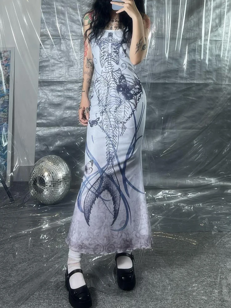 Mermaidcore Skeleton Print Maxi Dress - 1