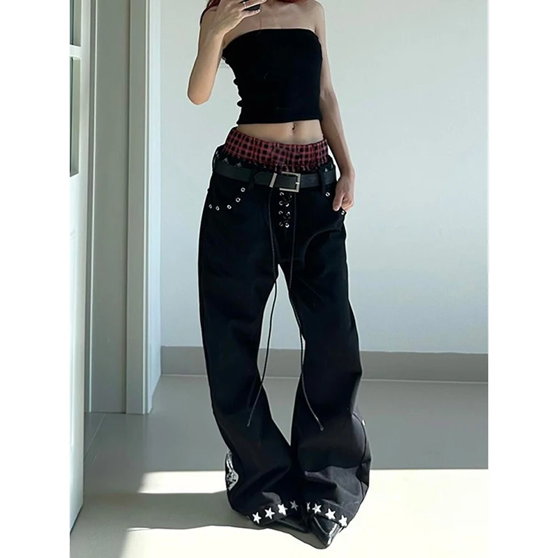 Y2K Punk Baggy Cargo Pants with Plaid Detailing - 3