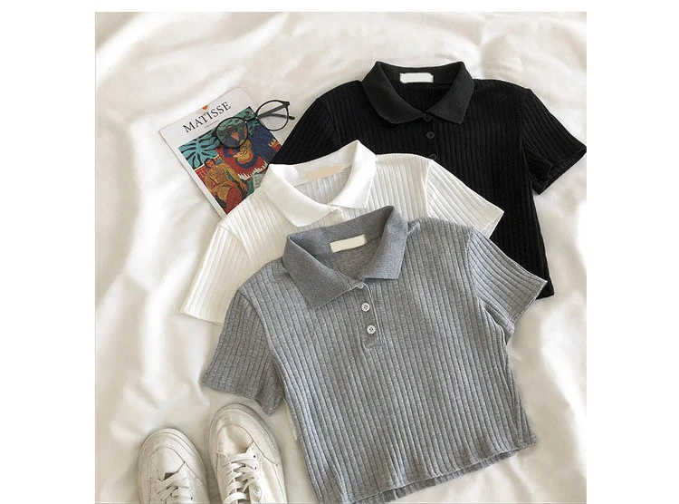 Minimalist Soft Grunge Cropped Ribbed Polo - 2