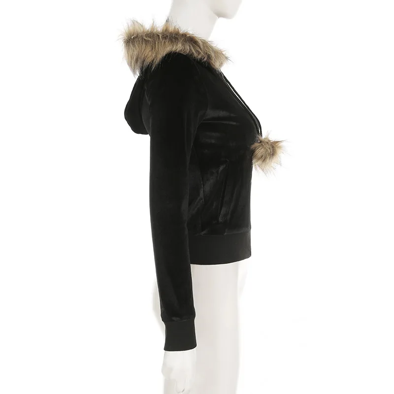 Grunge Glam Velvet Faux-Fur Trim Hoodie - 3