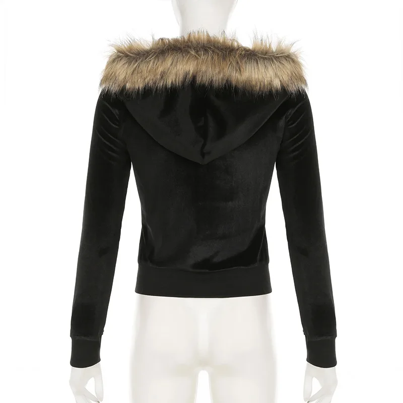 Grunge Glam Velvet Faux-Fur Trim Hoodie - 4