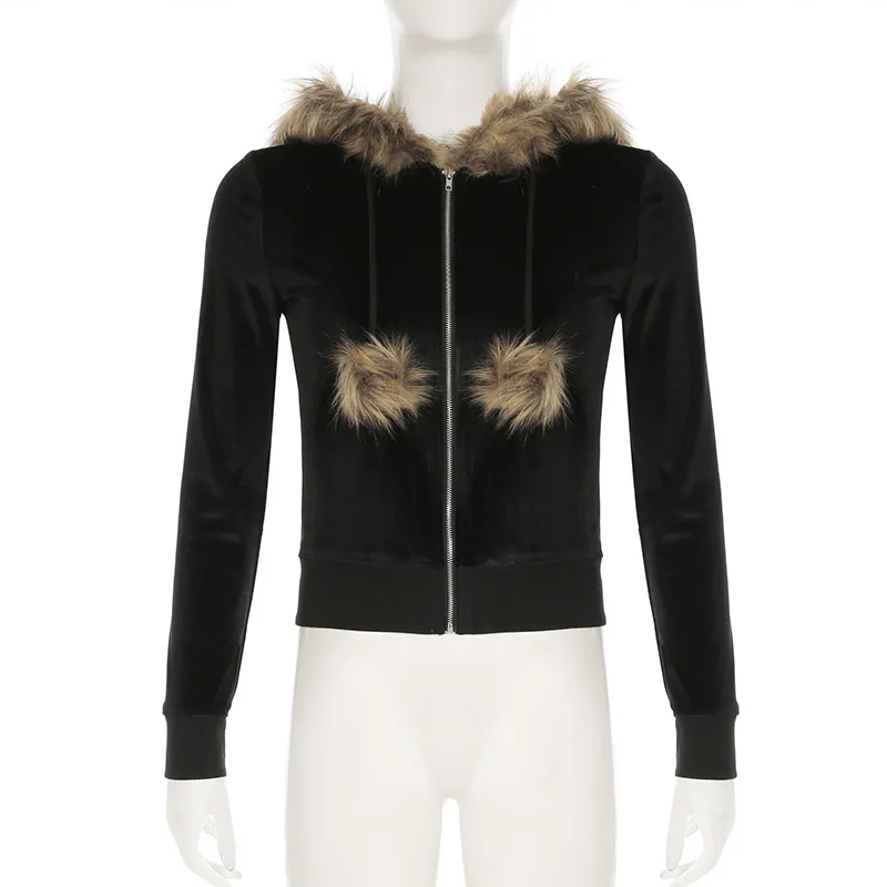 Grunge Glam Velvet Faux-Fur Trim Hoodie - 1