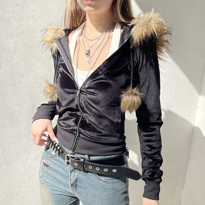 Grunge Glam Velvet Faux-Fur Trim Hoodie - 16