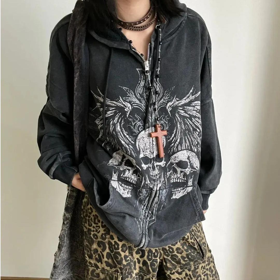 Gothic Punk Oversized Graphic Hoodie mit okkulten Motiven - 1