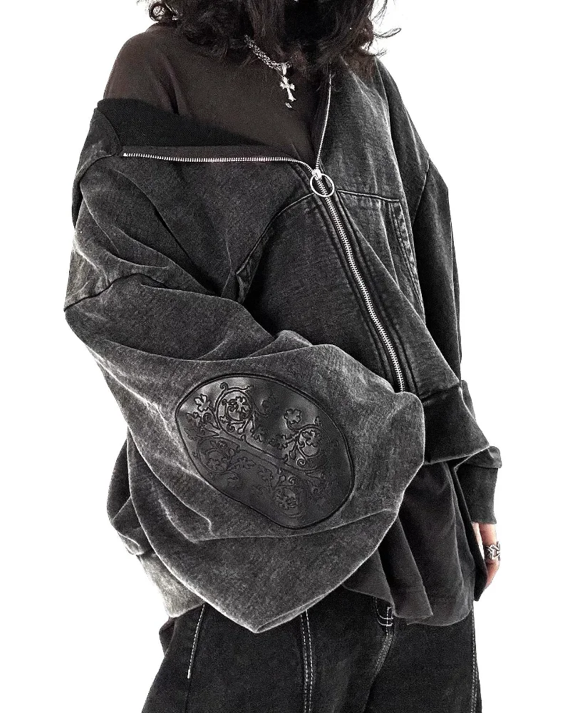 Gothic Grunge Oversized Distressed Hoodie with Occult Embroidery - 3