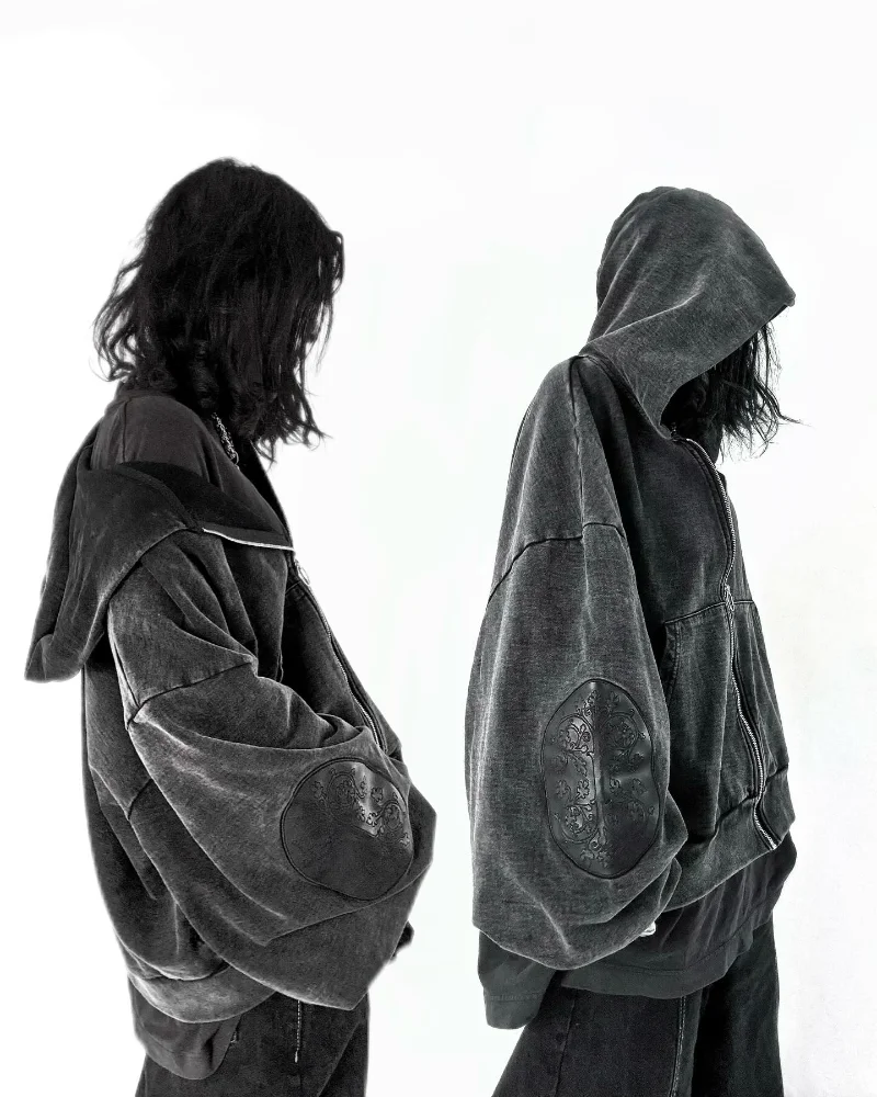 Gothic Grunge Oversized Distressed Hoodie with Occult Embroidery - 4