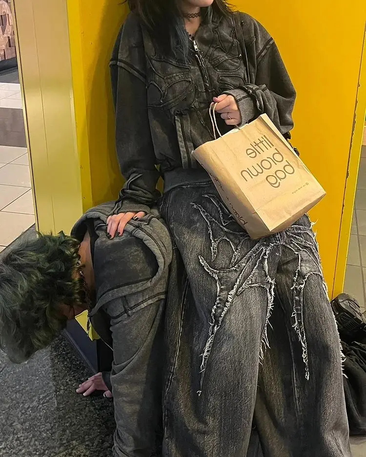 Grunge Cyberpunk Distressed Spider-Web Jeans - 4