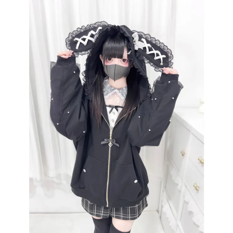 Gothic Lolita Cross-Detail Oversized Hooded Jacket - 4