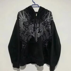 Gothic Punk Embroidered Oversized Hoodie with Winged Design