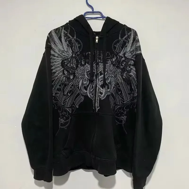 Gothic Punk Embroidered Oversized Hoodie with Winged Design - 4 Gothic Punk Embroidered Oversized Hoodie with Winged Design - 4