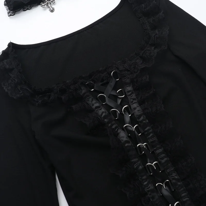 Gothic Lolita Lace-Up Corset Long-Sleeve Top with Choker - 14