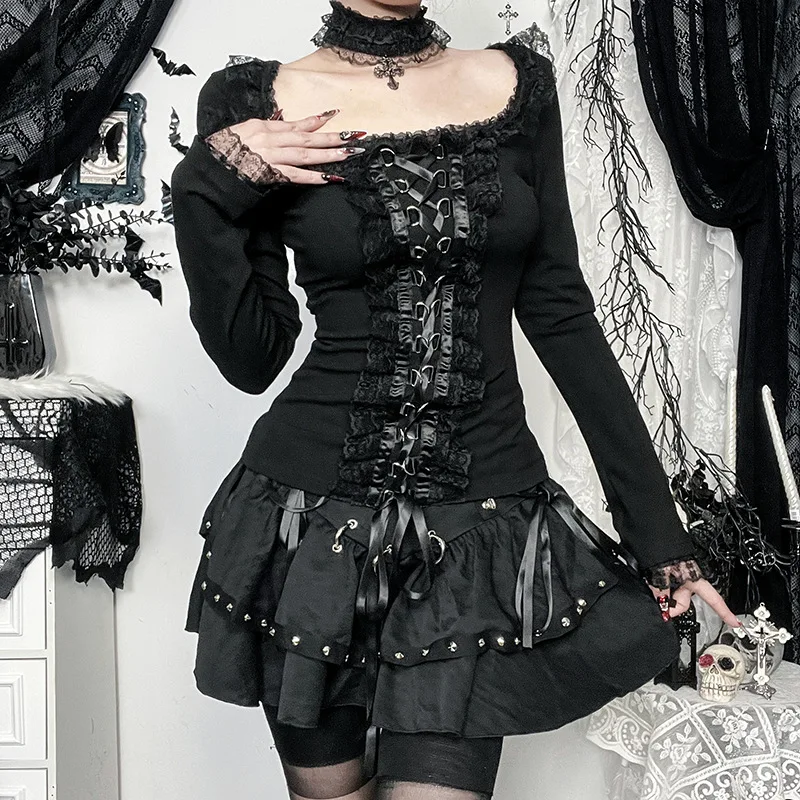 Gothic Lolita Lace-Up Corset Long-Sleeve Top with Choker - 7