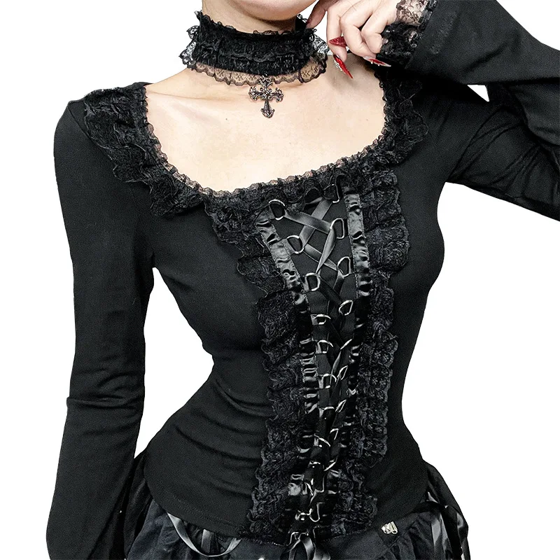 Gothic Lolita Lace-Up Corset Long-Sleeve Top with Choker - 11
