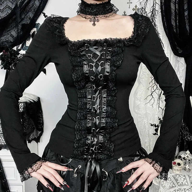 Gothic Lolita Lace-Up Corset Long-Sleeve Top with Choker - 9