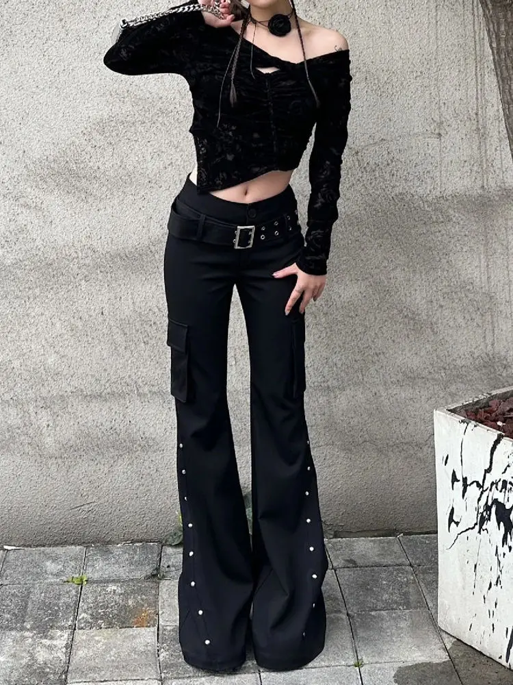Gothic Cyberpunk Studded Cargo Flare Pants - 2
