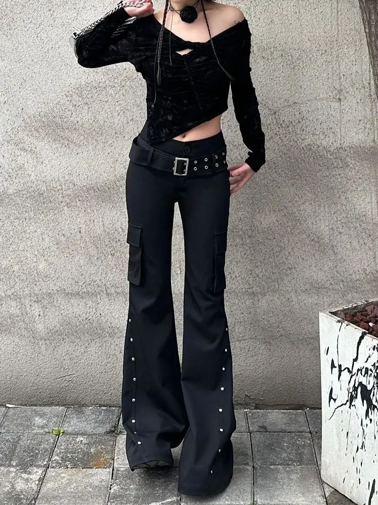 Gothic Cyberpunk Studded Cargo Flare Pants - 1