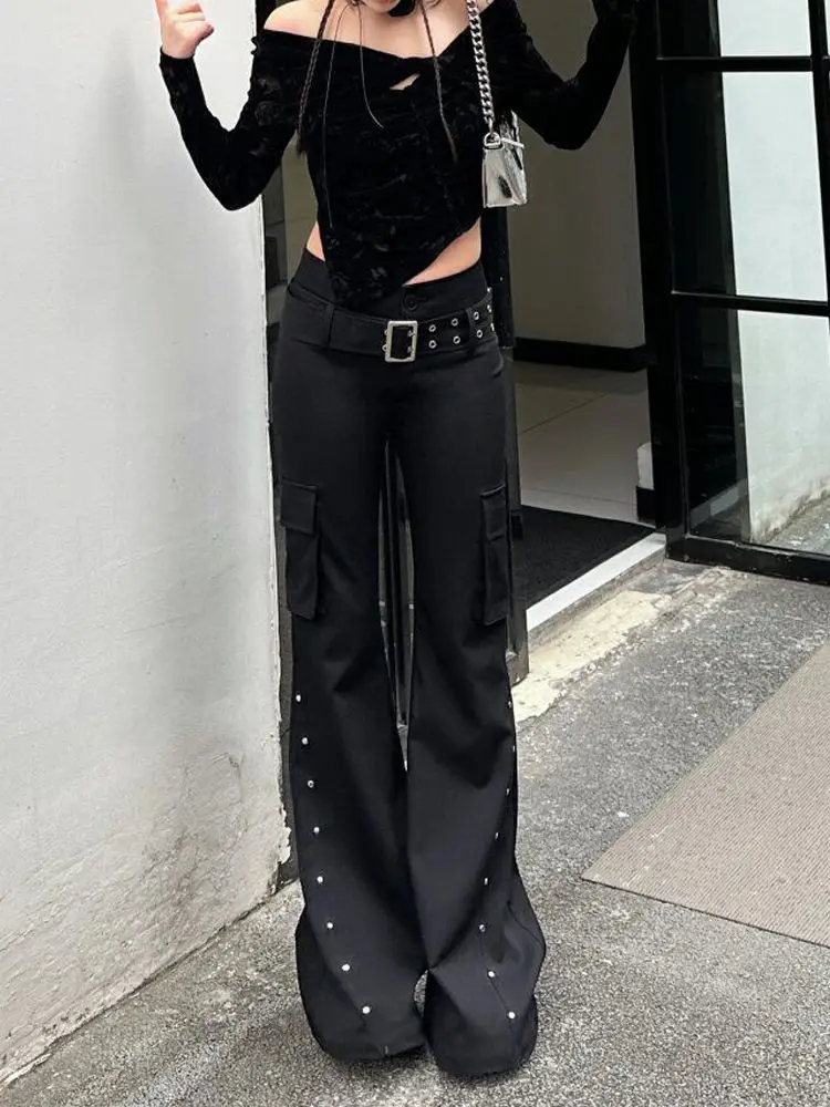 Gothic Cyberpunk Studded Cargo Flare Pants - 4