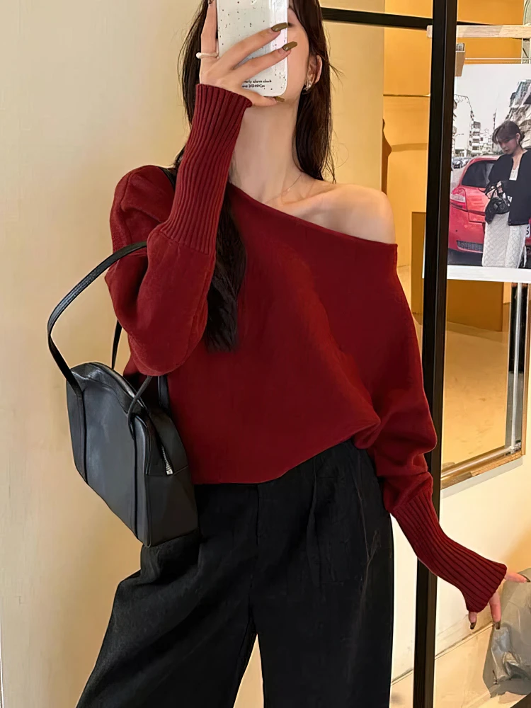 Dark Academia Asymmetrical Off-Shoulder Long-Sleeve Top - 2