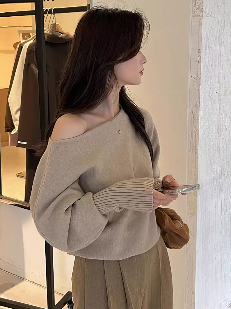 Dark Academia Asymmetrical Off-Shoulder Long-Sleeve Top - 8